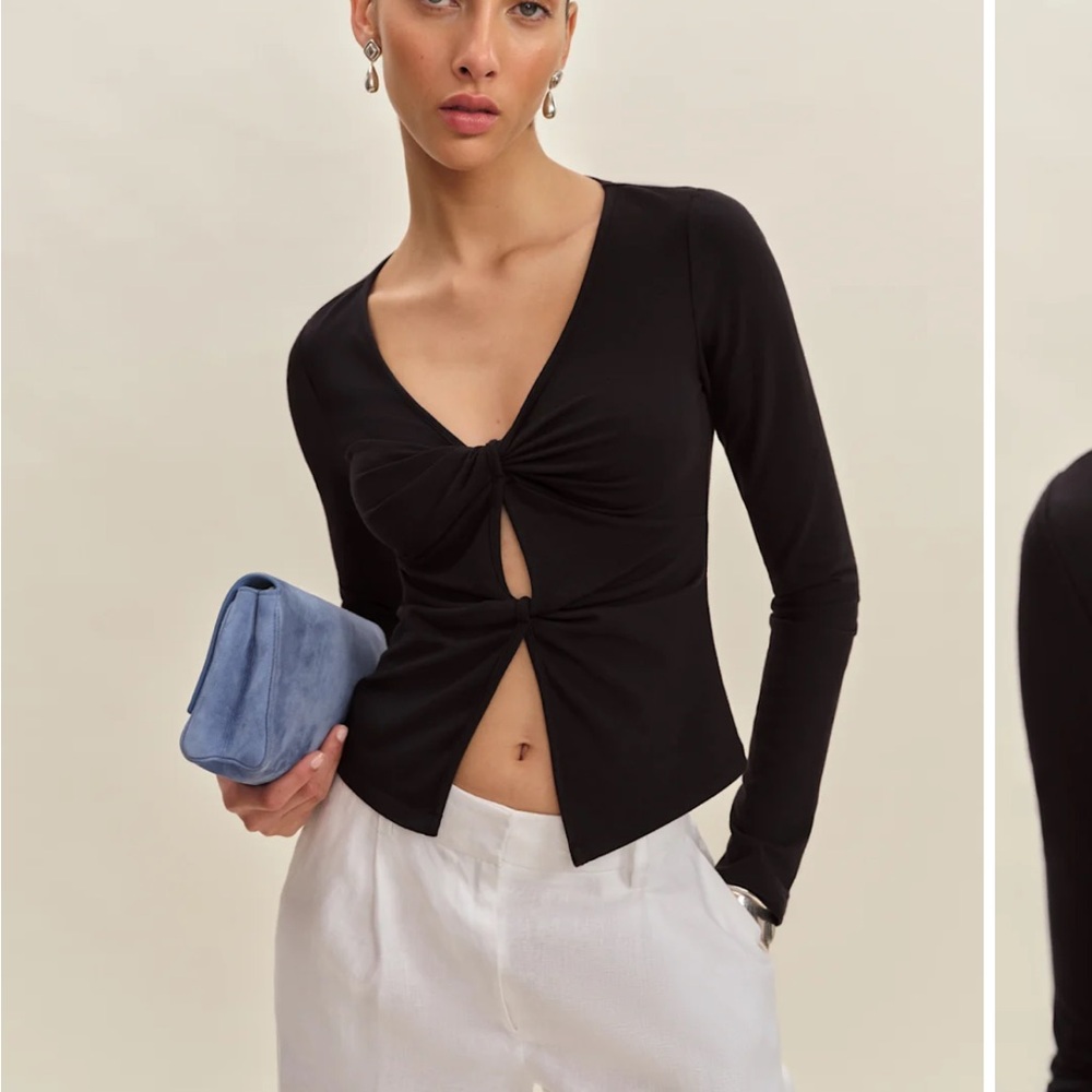 Reformation Black Long Sleeve Twist Front Top